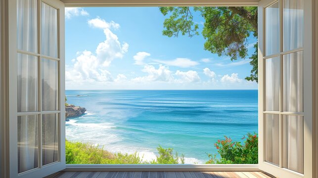 Fototapeta open window to the view of ocean and coast