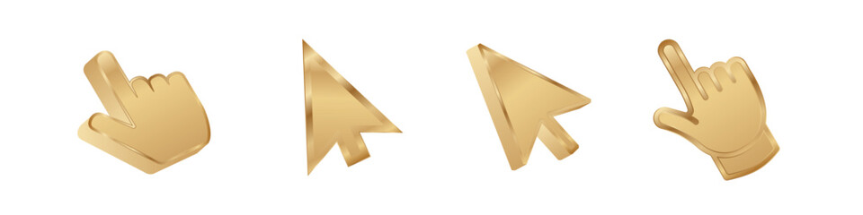 Click cursor 3d gold icon. Computer mouse pointer vector golden arrow