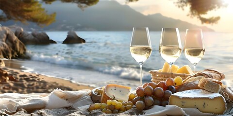 Beach picnic with wine bread cheese grapes and sea view. Concept Beach Picnic, Wine & Cheese, Sea View, Food Photography