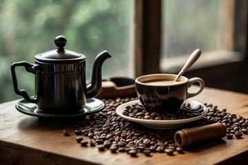 A smokey Coffee Cup With Beans grainder On Vintage Table