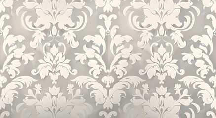 The seamless pattern features a white damask with a light gray and silver color palette on a white background. The image has high resolution, detail and quality in a high definition style Modern