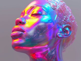 Futuristic Head Illustration in Afrofuturism Style glitch effect Iridescent color.
