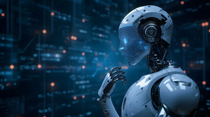 Naklejka premium Futuristic AI absorbs data against a dark backdrop, ready to revolutionize learning. Copy space available