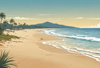 Fototapeta premium Seaside Getaway: Peaceful Shore with Palms and Seagulls