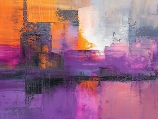 A painting of a cityscape with a purple and orange background. The painting is abstract and has a lot of texture