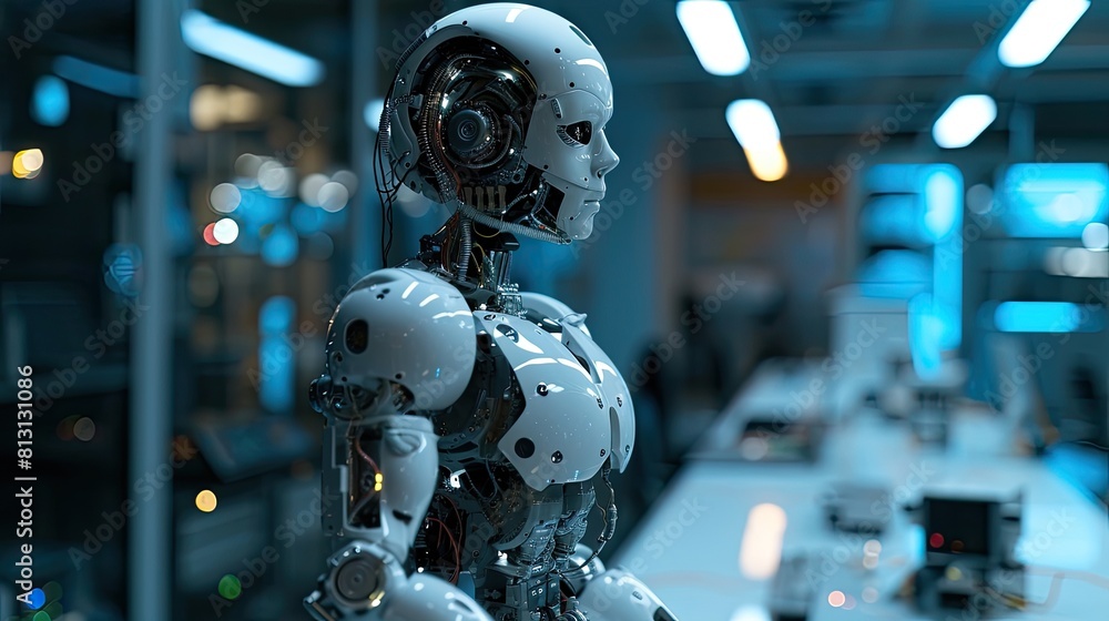Poster close-up shot of a robotics humanoid robot's circuitry
