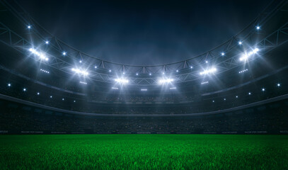 Impressive soccer stadium prepared for the evening match. Football stadium field view. Professional sports background for advertisement.