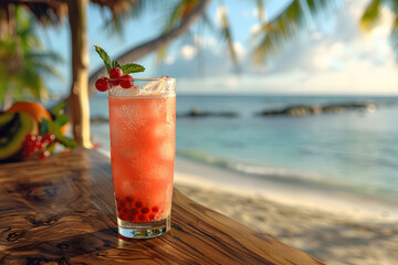 Fresh summer drinks cocktails with berries, fruits, ice and frost on glasses. Vacation open beach bar concept.