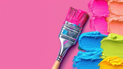 A paintbrush is on a pink background with a rainbow of colors with copy space - Powered by Adobe
