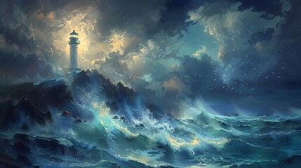 Fototapeta premium Paint a dramatic seascape featuring a lone lighthouse standing strong on a rocky cliff. Depict crashing waves with shades of blue and green, and a stormy sky with dark, swirling clouds