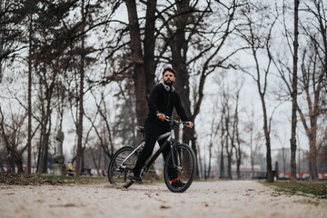 Fototapeta premium Confident business entrepreneur on a bike, enjoying a ride in the park with an eco-friendly commute.