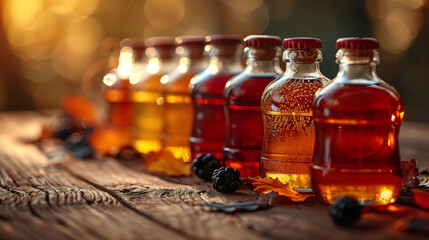 Colorful pills spilled on an old book with glass bottles. Generated by AI.