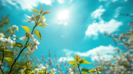 Beautiful blurred background image of spring nature with surrounded by trees against a blue sky with clouds on a bright