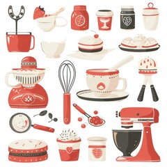  baking tools and ingredients, clip art illustrations on white background