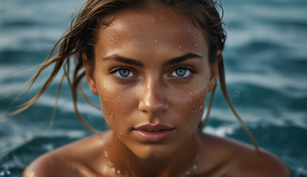 Close up Shot of A tanned supermodel with bright eyes in the ocean
