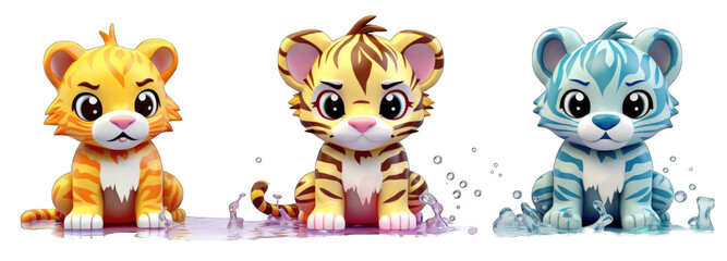 3d four set of cute colorful cute tiger on white background