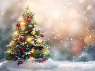 Fototapeta na wymiar Christmas tree decorated with balls, lights and white snow around