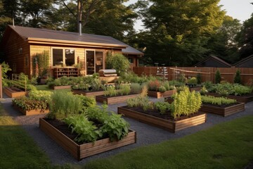 Fototapeta premium Cozy wooden cabin with a thriving vegetable garden in raised beds at dusk.