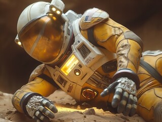 Naklejka premium A man in a yellow spacesuit is laying on the ground. The man is wearing a helmet and has a yellow suit