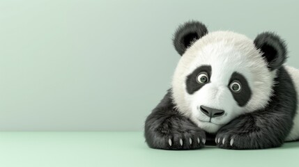A cartoon panda bear is laying down on a green background with copy space