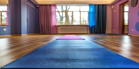 Fototapeta premium Serene Yoga Studio with a Wooden Floor and Yoga Mat. Concept Yoga Studio, Serene Environment, Wooden Floor, Yoga Mat, Relaxing Atmosphere