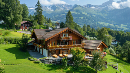 Obraz premium Swiss chalet with a beautiful landscape in Switzerland