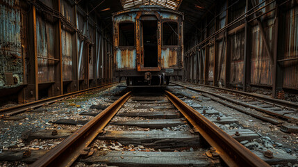 Empty vintage train car shed with tracks leading into the darkness, the scent of rust and old wood permeating.