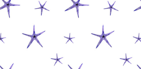 Lilac Starfish. Watercolor Illustration. Seamless Pattern. White Background. For Wallpaper, Wrapping Paper, Textiles, Summer Accessories, Stationery, Website, Travel Agencies