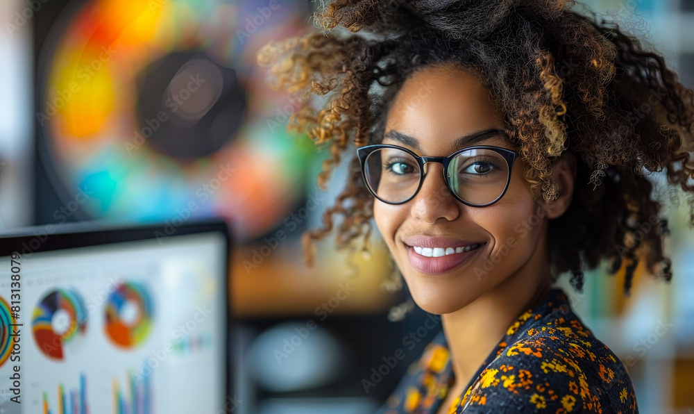 Aufkleber joyful black entrepreneur analyzing performance metrics on desktop in modern office setting