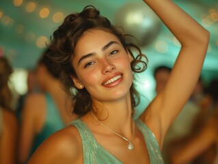 A woman with a necklace and a smile on her face. She is wearing a green dress. Scene is happy and joyful