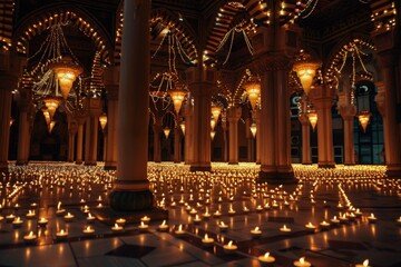 Obraz premium Interior of a mosque with countless candles and lanterns lit, creating a mesmerizing ambiance for Eid al-Adha