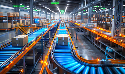 Futuristic Automated Conveyor Belt System in Logistics Center with Augmented Reality for Efficient Parcel Shipping