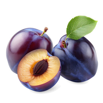 Isolated plums. Cut fresh blue plum fruits isolated on white background