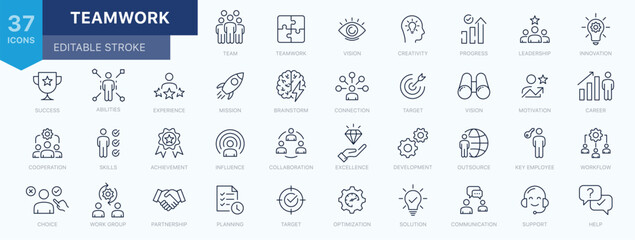 Obraz premium Teamwork icon set. Business team building, Work group and cooperation and collaboration icons minimal thin line web icon set. Outline icons collection. Vector illustration