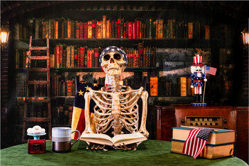 Skeleton with American flag reading book with old library background