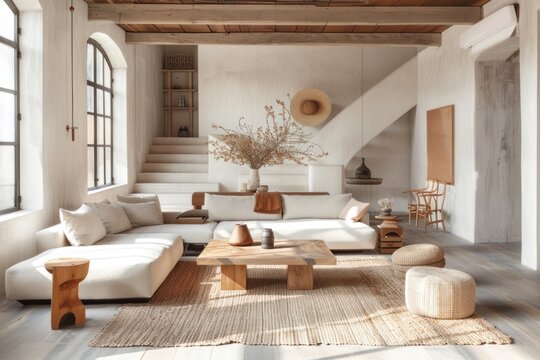 A large living room with a white couch, a coffee table, and a rug