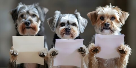 Diverse dogs holding paper in paws showcasing individuality and intelligence. Concept Pet...