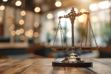 Realistic stock style high quality photo of an antique scale in the background, including scales and gavel on top of a wooden table with a blurred law office interior in bokeh effe