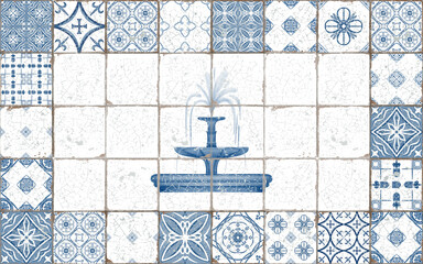 Fountain with flowing water in monochromatic blue and white color framed old azulejos ceramic tiles. Watercolor technique.Cartoon stylization For stickers, collages, souvenir production