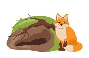 Cute red fox cartoon forest wild animal character living in burrow isolated vector illustration