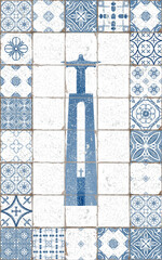 A statue of Jesus Christ on a pedestal with his arms outstretched on old tile.Religious sculpture of Portugal and Brazil in monochrome color of blue and white.For souvenirs,stickers,printed products