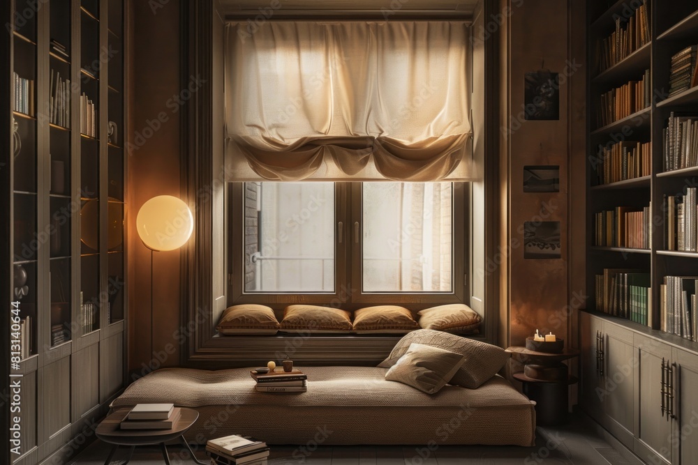 Poster a cozy reading nook with a window and a lamp. the room is filled with books and a comfortable couch