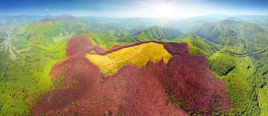 drone flies over a spring Carpathian peak with an interesting phenomenon - the mountain forest on...