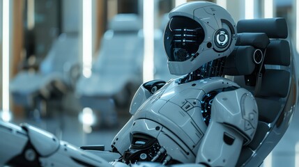 A robot is sitting in a chair in a room