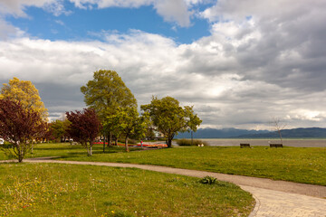 Deserted alleys of the park on the Langenargen embankment near Lake Constance