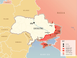 Naklejka premium War in Ukraine 2024. Russian invasion with key cities and direction. Vector illustration map. Geopolitical concept set.
