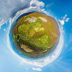 Fototapeta premium Carpathian Mountains of Ukraine, a quarry where granite sandstone is mined for the production of building materials, powerful trucks and conveyors load gravel - video from a drone 360 panorama
