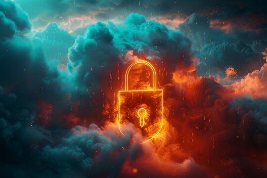 The lock with shield amidst the clouds, orange and blue lights, dark background, in the style of a 3D illustration, digital art, octane rendered, created in Cinema4D, hyper detaile