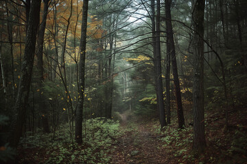 Obraz premium A forest trail in the woods, trees with leaves changing colors, dark and gloomy atmosphere, cinematic photography