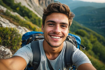 Young boy with hiking backpack on the rocky terrain of a high mountain peak. Stunning view of mountains covered in lush greenery under a clear sky. Themes of adventure, hiking and nature exploration.